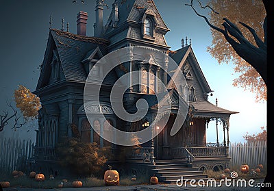 Halloween Haunted House with Pumpkin Generative AI Illustration Stock Photo