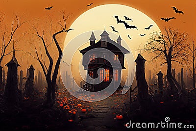 Halloween haunted house in full moon night, scary mansion. Halloween background Stock Photo