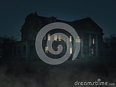 Halloween Haunted House, Mansion, Night Stock Photo