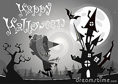 Halloween haunted house on night background with a walking dead zombie. Vector illustration. Black and white Vector Illustration