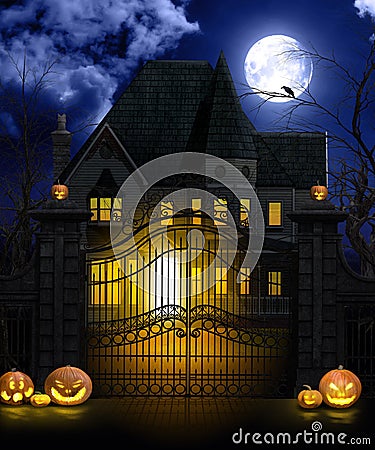 Halloween Haunted Mansion at Full Moon Cartoon Illustration