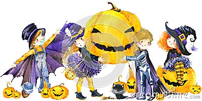 Halloween holiday banner, little girl witch, skeleton boy, black cat, vampire boy, and Halloween pumpkin. Cartoon Illustration
