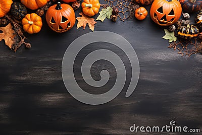 Halloween holiday concept - dried leaves and small orange pumpkins on dark background, top view, copy space Stock Photo