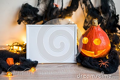 Halloween concept. Photo frame decorations in interior copy space Stock Photo