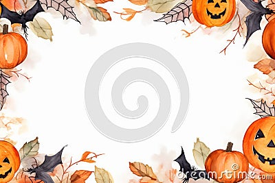 Halloween holiday concept - dried leaves and small orange pumpkins on white background, top view, copy space, watercolor Cartoon Illustration