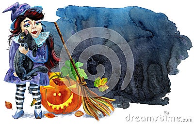 Halloween holiday little girl witch and cat on black background Cartoon Illustration