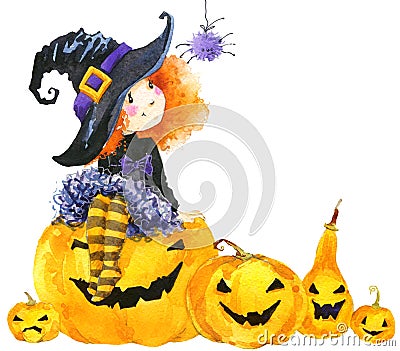 Halloween holiday little girl witch and pumpkin. Cartoon Illustration