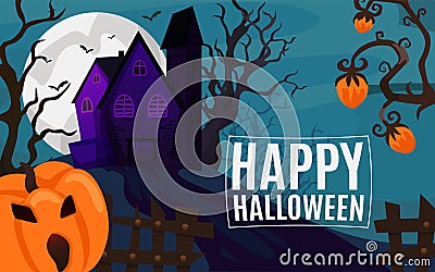 Halloween holiday, scary moon at horror dark night vector illustration. Party celebration at october background. Spooky Vector Illustration