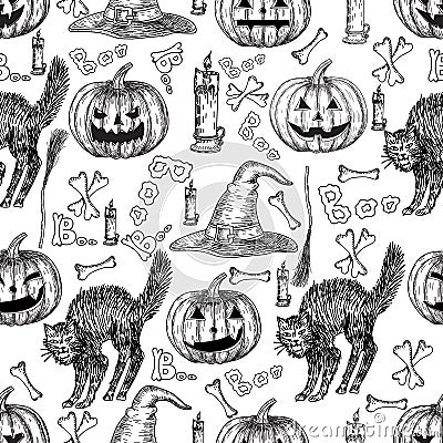 Halloween holiday vector seamless pattern of halloween death reaper, spooky ghost, black cat, bat, skeleton skull, witch Vector Illustration