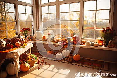 Halloween home decoration with pumpkins, autumn leaves and flowers. Stock Photo