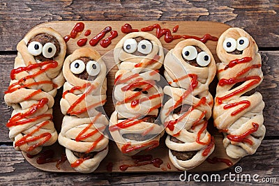 Halloween homemade food sausage meatball mummies Stock Photo