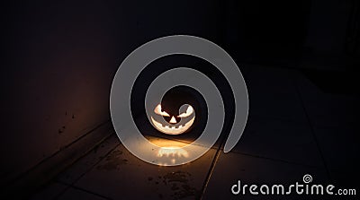 Halloween horror concept with glowing pumpkin. Halloween evil pumkins smilin faces in dark Stock Photo