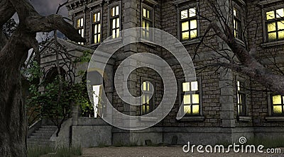 Halloween house with the ghosts 3d illustration Cartoon Illustration
