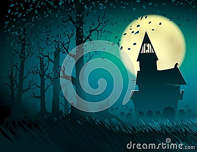 Halloween Hut Moon Light Trees Mystical Night Stump Background C Vector Illustration