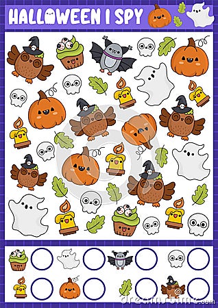 Halloween I spy game for kids. Searching and counting activity with cute kawaii holiday symbols. Scary autumn printable worksheet Vector Illustration