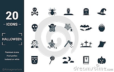 Halloween icon set. Include creative elements skeleton, coffin, skull, bats, vampire icons. Can be used for report, presentation, Stock Photo