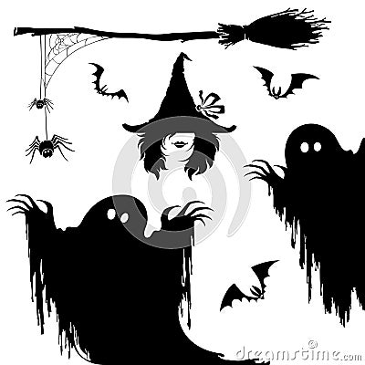 Halloween icon set.Witch,nightmare monster,broom and spiderweb. Vector Illustration