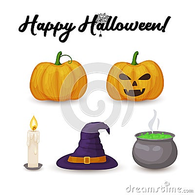 Halloween icons. Cartoon pumpkin, candle, witch hat and boiler Vector Illustration