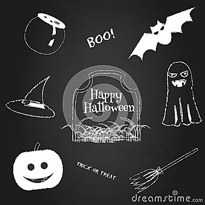 Halloween icons on chalkboard. Seasonal holiday symbols Vector Illustration
