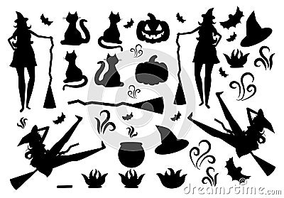 Halloween icons in flat style. There are witch, hat, cat, boiler, fire, bonfire, pumpkin, broom. Vector Illustration