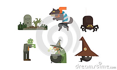 Halloween icons set, grave with tombstone, witch, spider, werewolf, zombie, design elements for a holiday vector Vector Illustration