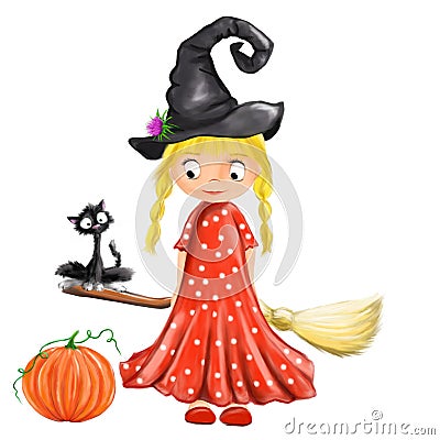 Halloween illustrated cute witch girl with broom, cat, hat and pumpkin Stock Photo