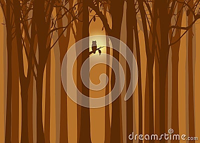 Halloween illustration autumn forest with owl Vector Illustration