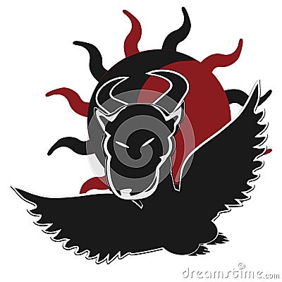 Halloween illustration - bat on a background of red sun. Cartoon silhouette of a vampire, comic style Vector Illustration