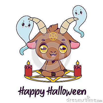 Halloween illustration with a cute goat and summoning circle Vector Illustration