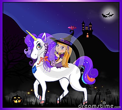 Halloween illustration of cute witch sitting on unicorn on night landscape background Vector Illustration