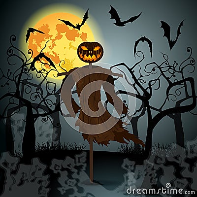 Halloween illustration with evil scarecrow, full Moon and bats Vector Illustration