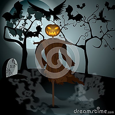 Halloween illustration with evil scarecrow, full Moon and crows Vector Illustration
