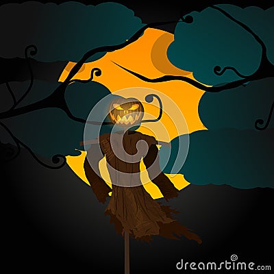 Halloween illustration with evil scarecrow, full Moon and crows Vector Illustration