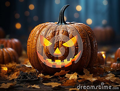 Halloween illustration, huge yellow pumpkin with sinister eyes. AI generated Cartoon Illustration