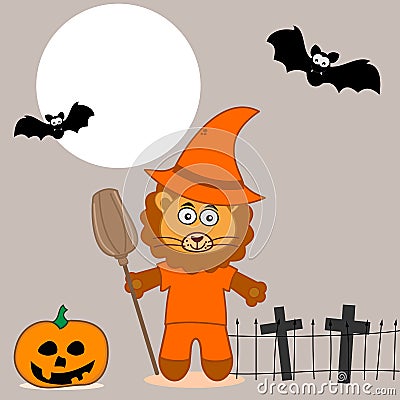 Halloween illustration with a lion disguised as a wizard including a pumpkin bat and the moon with a small cemetery Vector Illustration