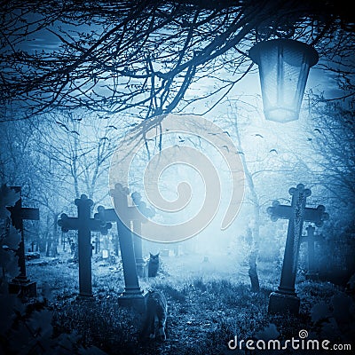 Halloween illustration night cemetery Old graves cats lanterns Cartoon Illustration