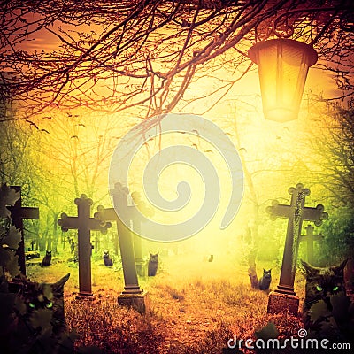 Halloween illustration night cemetery Old graves cats lanterns Cartoon Illustration