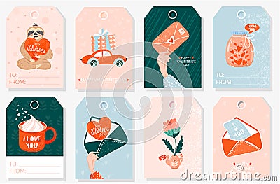 Set of Valentine Gift Tags with sloth, love letter; flowers; love drink and heart. Vector Illustration
