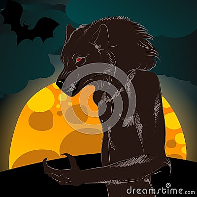 Halloween illustration with werewolf and full Moon Vector Illustration