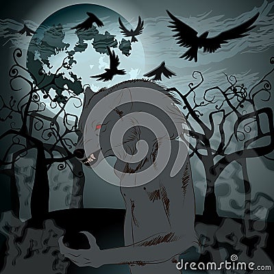 Halloween illustration with werewolf and full Moon Vector Illustration