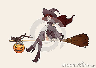 Halloween illustration.Witch on a broomstick Vector Illustration