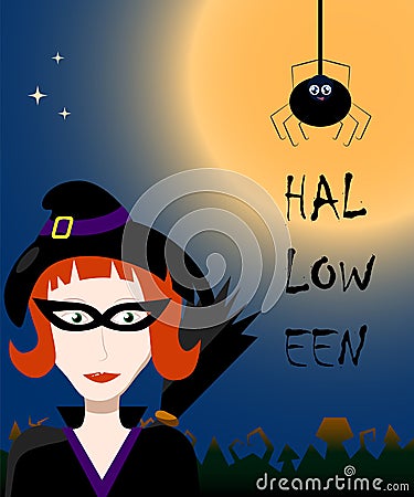 Halloween illustration with witch. Vector drawing for autumn festival. Cartoon Illustration