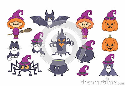Halloween illustrations set with cute characters. Vector Illustration
