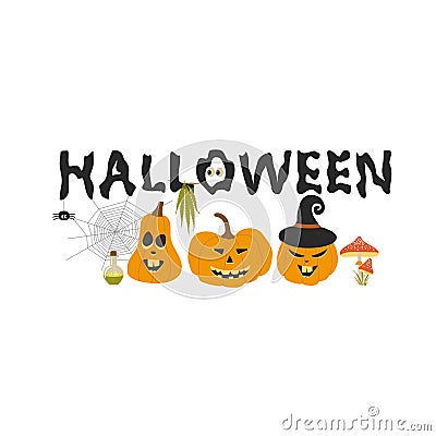 Halloween inscription with pumpkins and other holiday attributes and cannabis leaf. Vector Vector Illustration