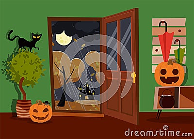 Halloween interior of hallway decorated with pumpkins faces, boiler and spider with open door to street. Black cat on Vector Illustration