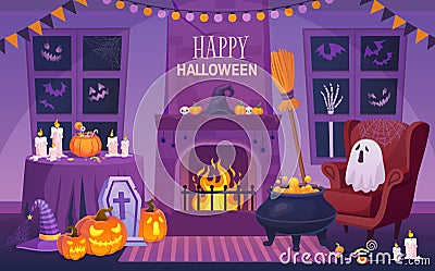 Halloween interior. Magic house party celebration indoors scary home, messy room horror decorative object, chair night Vector Illustration