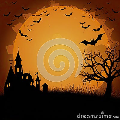 Halloween invitation card concept. Spooky forest with castle on full moon background, dark black trees with scarry Stock Photo