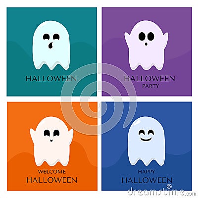 Halloween invitation or greeting cards set. Halloween ghosts on postcards. Cute cartoon spooky character. Vector Illustration