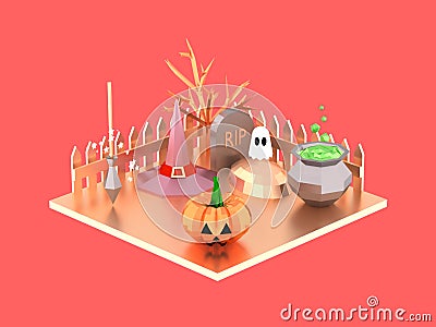 Halloween isometric scene with pumpkin witch hat ghost and potion pot on the graveyard 3D illustration Cartoon Illustration