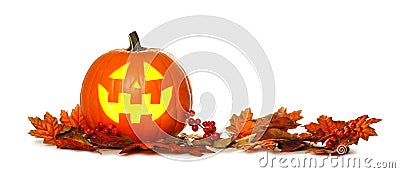 Halloween Jack o Lantern with autumn leaf border over white Stock Photo